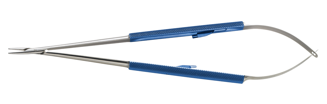 Titanium Jacobson Micro Needle Holder W/ Streamlined Box Lock, Round Handle, Jaw Surfaces Impregnated W/ Fine Tungsten Carbide Dust (Use W/ 5-0 & Smaller Sutures), Curved W/ Lock, 7 1/4" (18.5 Cm)